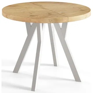 AlpiMeble Runder Esszimmertisch OVO, ausziehbarer Tisch Durchmesser: 80 cm bis 130 cm, Wohnzimmertisch Farbe: Lancelot, mit Holzbeinen in Farbe Weiß