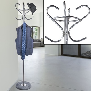 Garderobenständer silber Eingangsbereich Kleiderständer flexibel, Standgarderobe Marmorfuß 4 Haken Ablage Garderobe, Metall, LxBxH 47x37,5x186 cm