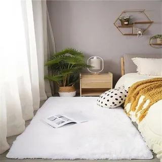 Famanu Shaggy Teppich Ultra Soft Touch 80 x 160 cm - Modernes Dickes Faux-Fell - Antislip für Innenräume - Weiß