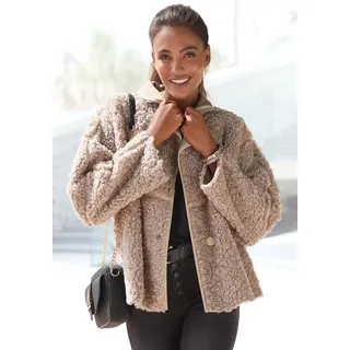 Fellimitatjacke LASCANA, Damen, Gr. 38, grau (taupe), Plüsch, Obermaterial: 100% Polyester, unifarben, figurumspielend hüftlang, Jacken, mit Lederimitat-Einsätzen, Sherpa-Jacke aus Teddyplüsch mit Taschen