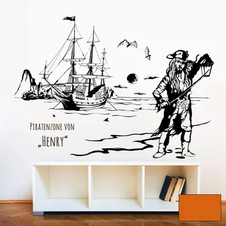 Wandtattoo Wandaufkleber Piratenzone Piratenschiff Pirat Pirateninsel Meer Seeräuber Wunschname Name M1643 - ausgewählte Farbe: *Haselnuss* - ausgewählte Größe: *XL - 135cm breit x 100cm hoch*