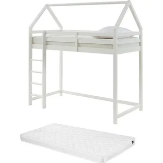 Hochbett Hausbett mit Matratze - Kiefernholz - 90 x 190 cm - Weiß - TARZIA - Weiß