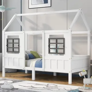 Hausbett Spielbett 90x200, Vielseitiges Kiefernrahmen Kinderbett Spielbett für Jungen & Mädchen - Kinder Bett mit Rausfallschutz und Lattenrost