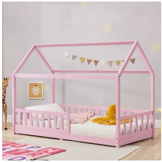 Juskys Kinderbett Marli, 90x200 cm, Hausoptik mit Dach, Holz, Rausfallschutz, 3 - 10 Jahren rosa