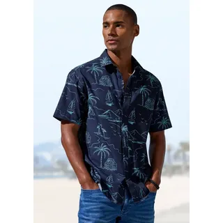 John Devin Hawaiihemd, sommerliches Kurzarmhemd mit kontrastfarbigem Palmen Druck blau L (41/42)