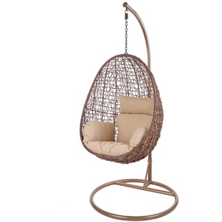 Kideo Swing Chair, Lounge-Möbel, Loungesessel Polyrattan, Hängestuhl, Hängesessel mit Gestell & Kissen (braun/beige)