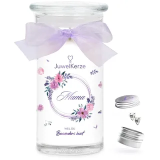 JuwelKerze Mama Ohrringe Silber - Schmuckkerze 80 Std - große Duftkerze mit Blumigem Duft - Kerze im Glas mit Schmuck - Mama Geschenk, Muttertagsgeschenk, Geburtstag