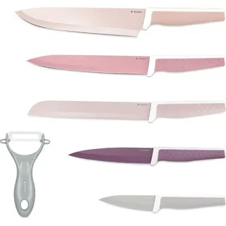 Navaris Messer Set 6-teilig inkl. Schäler - 5x Edelstahl Küchenmesser und 1x Keramik Gemüseschäler - Fleischmesser Brotmesser - Messerset bunt - Rosa