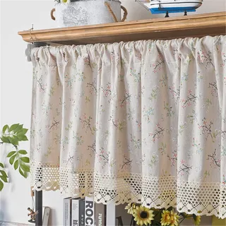 Surwin Bistrogardine Coffee Break Scheibengardine Küchengardine mit Vintage Blumen Motiven, Halbtransparente Kurzgardine Wohnzimmer Landhaus Càfe Gardinen Moderne Kurz Vorhang (45x150cm,Blumen)
