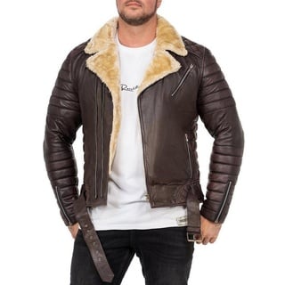 Reichstadt Bikerjacke Herren Kunstleder Jacke RS008 Braun mit Silver Zippern XXL gefüttert mit Steppmustern braun