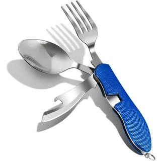 ZIMAIC 4-in-1 Camping Besteckset – Faltbares Edelstahl Besteck - Abnehmbaren Tragbaren Feldbesteck – Flaschenöffner Messer Gabel Löffel Set – Perfekt für Camping Wandern(Blau)