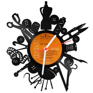 GRAVURZEILE Wanduhr aus Vinyl Schallplattenuhr - Nähen Macht glücklich - Upcycling Design Uhr Wand-Deko Vintage-Uhr Wand-Dekoration Retro-Uhr Made in Germany