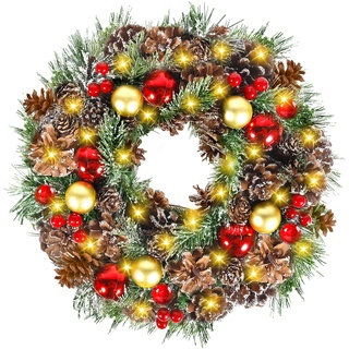 DONGQI Weihnachtskranz, LED Weihnachtskranz, Adventskranz, 30 cm Türkranz Weihnachten außen und innen, mit Weihnachtskugeln, Beeren und Tannenzapfen für Haustür, Kamin und Wanddekoration