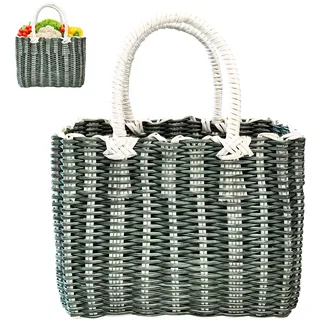 Einkaufskorb Geflochten aus Kunststoff, Flechttasche Groß, Korb Geflochten, Korbtasche Sommer, Korb Taschen für Damen, Wasserdicht Strandtasche, Basttaschen, Einkaufstasche Geflochten Tasche (B-L)