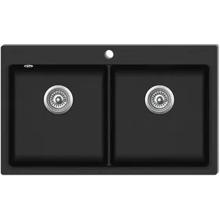vidaXL Granitspüle Doppelbecken links Einbauspüle schwarz Handbetätigung 860 x 510 mm