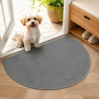 DeBizz Halbrunde Schmutzfangmatte 40x60cm – Fußmatte Grau für Innen –Türmatte Doppelseitig verwendbar & rutschfest – Pflegeleichte, Kratzfeste Haustiermatte für den Eingangsbereich (Grau 1)