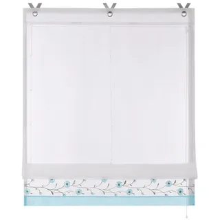 Joyswahl Raffrollo, mit Hakenaufhängung, Bestickte Gardine mit Blumen, Landhausstil blau 45 cm x 150 cm