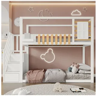 Flieks Etagenbett, Kinderbett Kiefernholzbett mit Treppe und Stauraum 90x200cm weiß