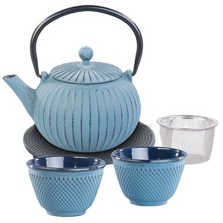 Asiatische Teekanne, Untersetzer und 2 Becher aus Gusseisen, blau