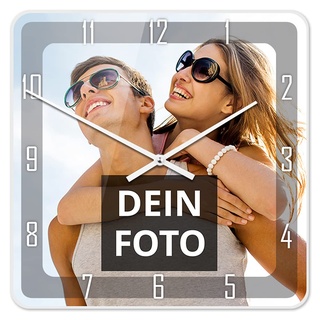 PhotoFancy® - Uhr mit Foto Bedrucken - Fotouhr aus Acrylglas - Wanduhr mit eigenem Motiv selbst gestalten (35 x 35 cm eckig, Design: Klassisch schwarz/Zeiger: weiß)