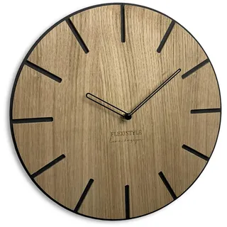 Wanduhr modern Holz – leise ohne Ticken, 30 cm, Design Uhr Wohnzimmer Schlafzimmer, FLEXISTYLE Eiche Wanduhr dekorativ