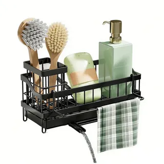 HEYHIPPO Küchenregal Wand- und Stand-Spülbeckenhalter Schwarz, abtropfend, ohne Bohren, Spülbecken-Organizer 24.5×9×13cm mit Abtropffläche & Löchern, flexibel schwarz