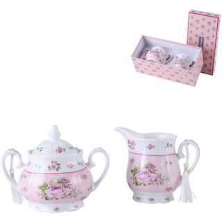 London Boutique Porzellan Teekanne Sets Teekanne Zuckerdose und Sahne Milchkännchen Shabby Chic Vintage Floral in Geschenkbox (Creme & Zucker Set Rose Pink)