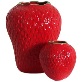 BURLOE Erdbeer Dekorative Keramik Vase, Modern Strawberry Vasen Für Blumen Vintage Erdbeervase Wohnzimmer Küche Garten Büro Vase Deko Rot Decor,Rot,L