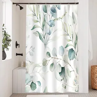 Uiiooazy Duschvorhang Grün, Duschvorhang Eukalyptus 120x180cm Blau Blätter Weiß Blumen Pflanzen Duschvorhänge Anti Schimmel Wasserdicht Polyester Stoff Waschbar Bad Vorhang mit 8 Haken für Badezimmer