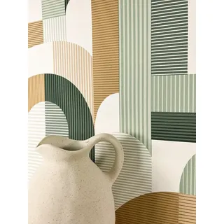 Newroom Vliestapete Leona Green Tapete Mustertapete Streifen,Linien,Bogen, Grün Tapete Modern Streifen - Mustertapete Boho-Tapete Weiß Braun Boho Grafisch Linien Bogen für Wohnzimmer Schlafzimmer Küche, Boho-Tapete grün