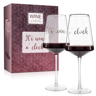 ILP 2er Set XXL Weinglas 750 ml - It's wine o'clock Geschenkset Wein Geschenk mit witzigem Weinglas Spruch - Geschenkset Wein für Paare Frauen Männer - Kleine Weihnachtsgeschenke für Kollegen