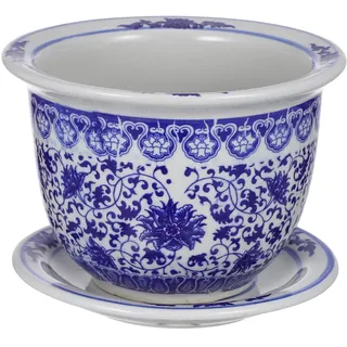 VANZACK Blau-weißer Blumentopf aus Keramik, chinesische Blumentöpfe aus Keramik mit Tablett, dekorativer Blumentopf für drinnen und draußen, Schreibtisch, Garten, Balkon