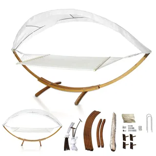 Fiqops Hängematte XXL mit Gestell und Sonnendach 410cm, Liegefläche 200x150 cm, Hammock aus wetterfestem Lärchenholz bis 200kg, Stabhängematte für 2 Personen Outdoor und Indoor