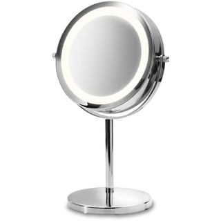 medisana CM 840 Kosmetikspiegel mit LED-Beleuchtung, Schminkspiegel mit 5-facher Vergrößerung, Tischspiegel, Doppelseitig, 360° schwenkbar, Silber, 31,5 x 20,5 cm
