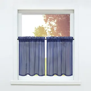 SCHOAL Scheibengardine mit Tunnelzug/Kräuselband 2 Stück Gardinen Küche Set Bistrogardinen Voile Stores Fenstergardine Uni Dunkelblau BxH 76x92cm
