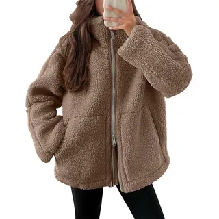Lawawa Teddy Fleecejacke Damen Teddyfleece Jacke Doppelschieber Reißverschluss Winterjacke Thermal Teddy Wintermantel Fleecejacke Flauschig Plüschjacke Fleecemantel - XL