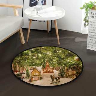 Mnsruu Christmas Village Baum Winterbaum Runder Teppich für Wohnzimmer Schlafzimmer 92 cm Durchmesser
