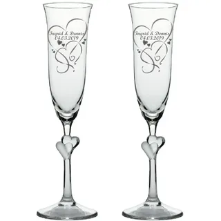 Sekt-Champagner-Gläser, Sektkelche L'Amour, graviert, 2er Set personalisiert-e Gravur, satinierte Herzen, ein persönliches Geschenk zur Hochzeit, Jahrestag, Valentinstag