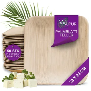 Waipur Palmblatt Teller - 50 Einwegteller eckig 23x23 cm - naturbelassen | Premium Einweggeschirr aus natürlichem Palmblatt, stilvolle und naturbelassene Party-Teller, ähnl. Einweg Bambus Geschirr