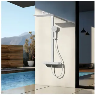 EMKE Emke, Duschsystem mit Thermostat Handbrause + Regendusche(3 Strahlstärken) + Unterer Auslass, Weiss