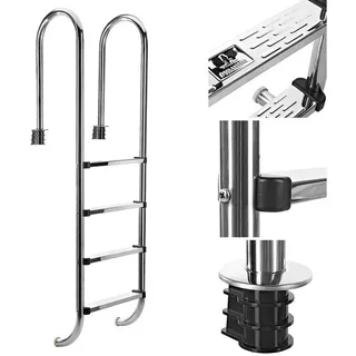 Melko Poolleiter Beckenleiter Sicherheitsleiter Poolleiter Edelstahl Schwimmbadtreppe (Stück), Edelstahl V2A silberfarben 4-stufig