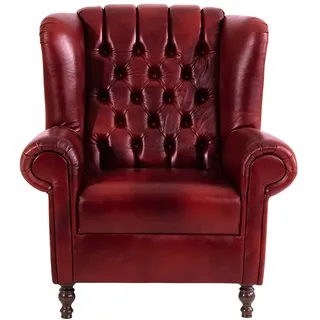 Dunkelroter Ohrensessel aus Echtleder Chesterfield Look