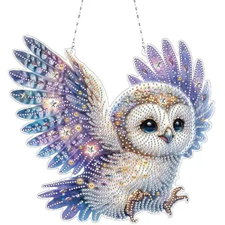 Generisch DIY Diamond Painting Blumen Owl Vogel Anhänger Mit Kette Diamond Painting Aufhängen Fensterbilder Diamant Painting Türkranz Girlande für Wand Und Eingang Dekoration-Eule