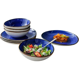 Kadum Potosi 8-teiliges Geschirrset für 4 Personen | Speiseteller Keramikteller hochwertige Keramik Bowls Saladbowls | 4x Frühstücksteller Ø 21,0 cm & 4x Salatbowl Ø 15,0 cm (Blau)