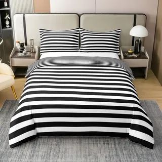 Homewish Bettbezug 240 x 260 cm, gestreift, aus 100 % Baumwolle, Bettwäsche-Set mit schwarzen und weißen Streifen, für Kinder, Frauen, Männer, Bettwäsche, Farmhouse, gestreift, wendbar