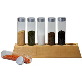 gouveo Gewürzregal Ahorn mit 6 Gläser 100 ml Tube und Deckel silberfarben - Holzregal mit runden Gewürzgläsern - Gewürzregal 30 x 5 x 8 cm zum Hinstellen