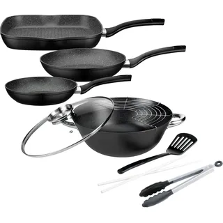 GSW Gourmet Granit Topf-Set 6-tlg. Bratpfanne Ø 20/24 cm + Grillpfanne 28 x 28 cm + Wok Ø 32 cm