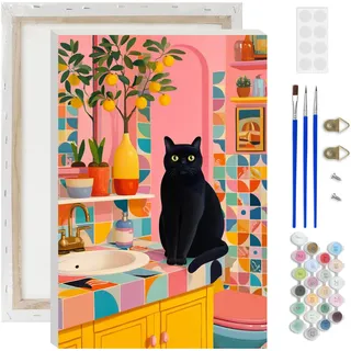 AIRDEA Schwarze Katze Malen nach Zahlen Erwachsene, Buntes Badezimmer DIY Handgemalt Ölgemälde Kit, Paint by Numbers mit 3-Pinseln und Acrylfarbe 20x30 cm (Gerahmt)
