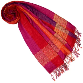 Lorenzo Cana Pashmina Schaltuch 70 x 180 cm Baumwolle Damenschal Wolle Stola mehrfarbig bunt Naturfaser Schal Naturfaser Markenschal Fransen gewebt, Orange-pink-lila, 70 x 180 cm - 70 x 180 cm