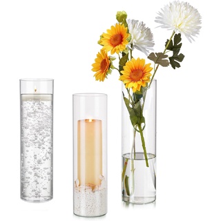 Hewory Glas Vase Groß 40cm Blumenvase, 3er Vasen Zylinder Glasvase Gross Vase für Tulpen Orchideen Rosen, Glaszylinder Windlicht Glas Kerzenhalter für Schwimmkerzen für Hochzeit Tischdeko Wohnzimmer